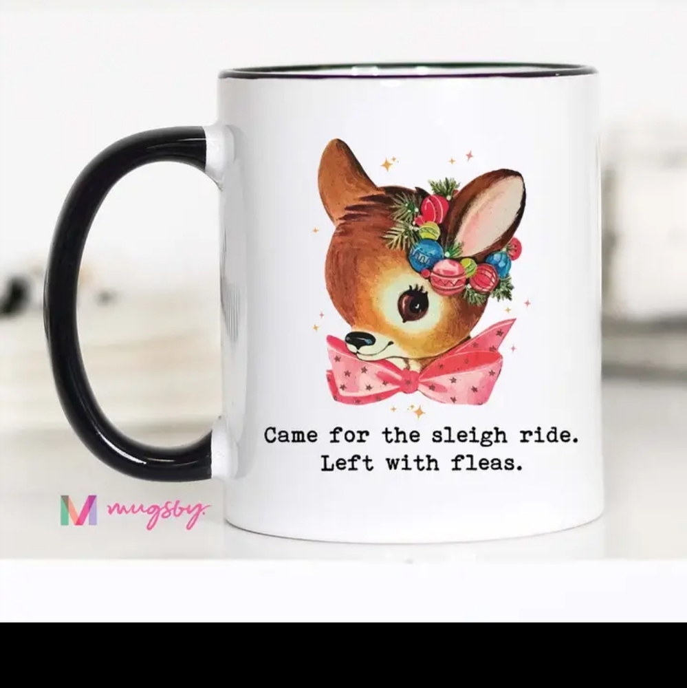Come for the sleigh ride left with fleas . Funny Xmas retro inspired mug